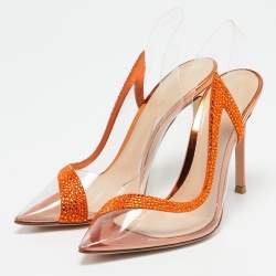 Pre Owned Gianvito Rossi Transparent/Orange PVC and Suede Embellished Hortensia Pumps Size 36.5
