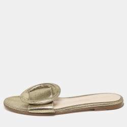 Gianvito Rossi Metallic Gold/Black Suede Buckle Detail Flat Slides Size 34
