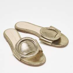 Gianvito Rossi Metallic Gold/Black Suede Buckle Detail Flat Slides Size 34