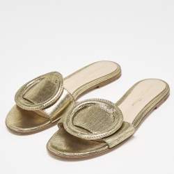 Gianvito Rossi Metallic Gold/Black Suede Buckle Detail Flat Slides Size 34
