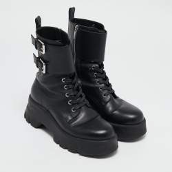 Pre Owned Gianvito Rossi Black Leather Marloe Combat Boots Size 38