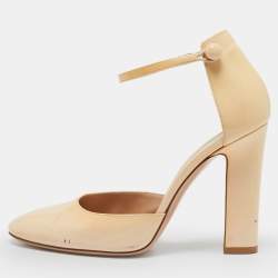 Gianvito Rossi Beige Patent Leather Ankle Strap Block Heel Pumps Size 38.5