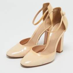 Gianvito Rossi Beige Patent Leather Ankle Strap Block Heel Pumps Size 38.5