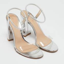 Pre Owned Gianvito Rossi Silver/Transparent PVC and Patent Crisscross Ankle Strap Sandals Size 38.5