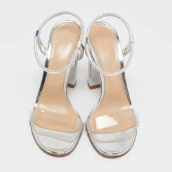 Pre Owned Gianvito Rossi Silver/Transparent PVC and Patent Crisscross Ankle Strap Sandals Size 38.5