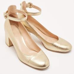Gianvito Rossi Gold Leather Ankle Strap Block Heel Pumps Size 38.5
