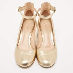 Gianvito Rossi Gold Leather Ankle Strap Block Heel Pumps Size 38.5