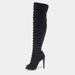 Gianvito Rossi Black Satin Button Knee Length Boots Size 37