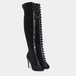 Gianvito Rossi Black Satin Button Knee Length Boots Size 37