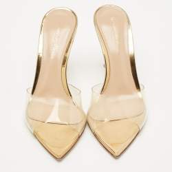 Pre Owned Gianvito Rossi Gold Patent Leather and PVC Elle Slide Sandals Size 35.5