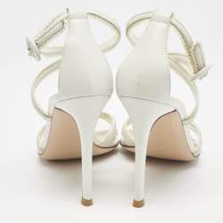 Pre Owned Gianvito Rossi White Leather Scalloped Lace Trim Ankle Strap Sandals Size 35