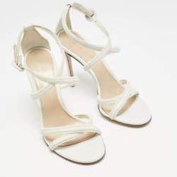 Pre Owned Gianvito Rossi White Leather Scalloped Lace Trim Ankle Strap Sandals Size 35