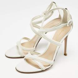 Pre Owned Gianvito Rossi White Leather Scalloped Lace Trim Ankle Strap Sandals Size 35