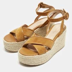 Pre Owned Gianvito Rossi Mustard Leather and Suede Sienna Espadrille Sandals Size 39