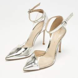 Pre Owned Gianvito Rossi Silver Leather and PVC Anise Pointed Toe Ankle Strap Pumps Size 38