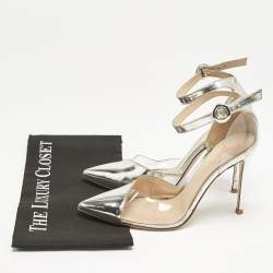 Pre Owned Gianvito Rossi Silver Leather and PVC Anise Pointed Toe Ankle Strap Pumps Size 38
