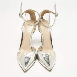 Pre Owned Gianvito Rossi Silver Leather and PVC Anise Pointed Toe Ankle Strap Pumps Size 38
