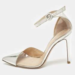 Pre Owned Gianvito Rossi Silver Leather and PVC Anise Pointed Toe Ankle Strap Pumps Size 38