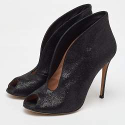 Gianvito Rossi Black Metallic Embossed Suede Vamp Peep Toe Booties Size 40