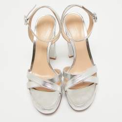Gianvito Rossi Silver Leather Ankle Strap Sandals Size 38.5