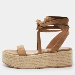 Gianvito Rossi Beige Suede Ankle Strap Wedge Sandals Size 37.5