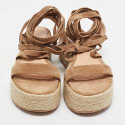Gianvito Rossi Beige Suede Ankle Strap Wedge Sandals Size 37.5