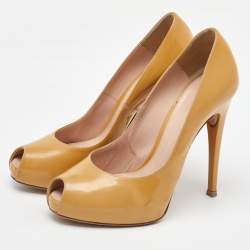 Pre Owned Gianvito Rossi Beige Patent Leather Peep Toe Platform Pumps Size 37.5