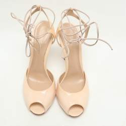 Gianvito Rossi Beige Patent Leather Peep Toe Ankle Strap Sandals Size 38.5