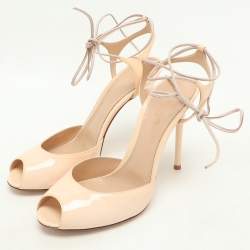 Gianvito Rossi Beige Patent Leather Peep Toe Ankle Strap Sandals Size 38.5