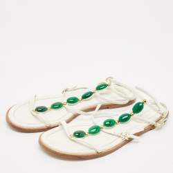 Gianvito Rossi White Leather Embellished Flat Ankle Wrap Sandals Size 41