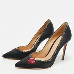 Pre Owned Gianvito Rossi Black Satin Crystal Embellished Pointed Toe Pumps Size 36.5