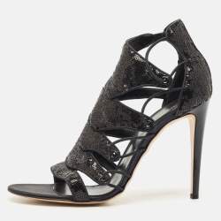 Gianvito Rossi Black Sequins Criss Cross Strappy Sandals Size 41