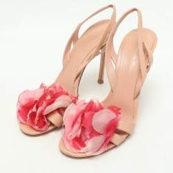 Gianvito Rossi Peach Leather Floral Embellished Slingback Sandals Size 38