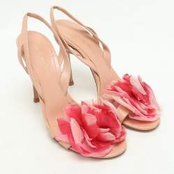 Gianvito Rossi Peach Leather Floral Embellished Slingback Sandals Size 38