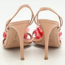 Gianvito Rossi Peach Leather Floral Embellished Slingback Sandals Size 38