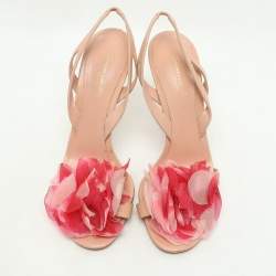Gianvito Rossi Peach Leather Floral Embellished Slingback Sandals Size 38
