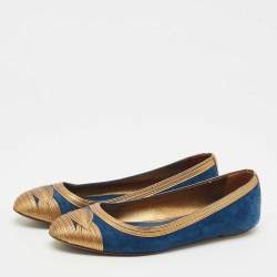 Pre Owned Gianvito Rossi Blue/Gold Leather and Suede Ballet Flats Size 39