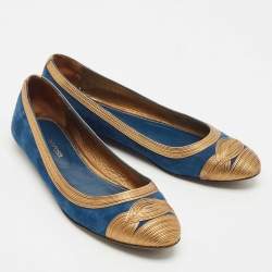Pre Owned Gianvito Rossi Blue/Gold Leather and Suede Ballet Flats Size 39