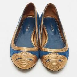 Pre Owned Gianvito Rossi Blue/Gold Leather and Suede Ballet Flats Size 39