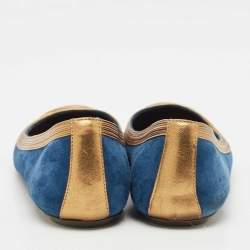 Pre Owned Gianvito Rossi Blue/Gold Leather and Suede Ballet Flats Size 39