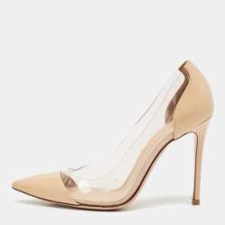 Gianvito Rossi Beige/Transparent Patent Leather and PVC Plexi Pointed Toe Pumps Size 37.5