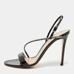 Gianvito Rossi Black Patent Leather Crystal Embellished Slingback Sandals Size 39