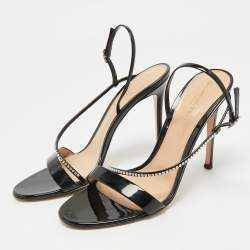 Pre Owned Gianvito Rossi Black Patent Leather Crystal Embellished Slingback Sandals Size 39