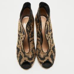 Pre Owned Gianvito Rossi Black/Gold Crystal Embellished and Suede Vamp Peep Toe Booties Size 39