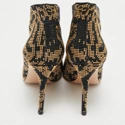 Pre Owned Gianvito Rossi Black/Gold Crystal Embellished and Suede Vamp Peep Toe Booties Size 39