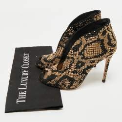 Pre Owned Gianvito Rossi Black/Gold Crystal Embellished and Suede Vamp Peep Toe Booties Size 39