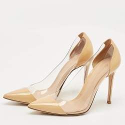 Pre Owned Gianvito Rossi Beige/Transparent Patent Leather and PVC Plexi Pointed Toe Pumps Size 37