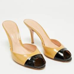 Pre Owned Gianvito Rossi Beige/Black Patent Leather Peep Toe Slide Sandals Size 37.5