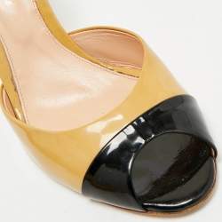 Pre Owned Gianvito Rossi Beige/Black Patent Leather Peep Toe Slide Sandals Size 37.5