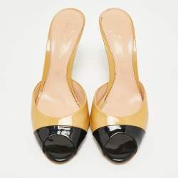 Pre Owned Gianvito Rossi Beige/Black Patent Leather Peep Toe Slide Sandals Size 37.5